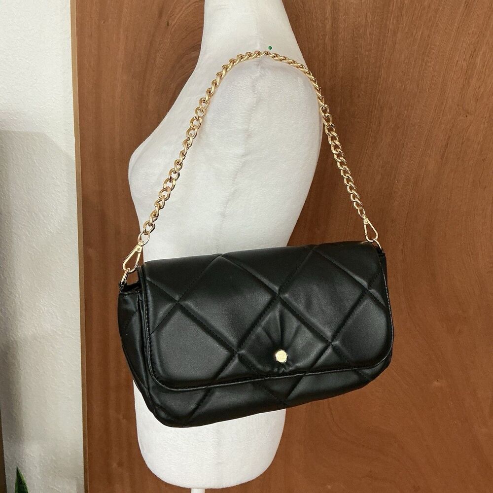 Black Quilted Faux-Leather Shoulder Bag With A Gold-Tone Chain Strap Modern NWOT